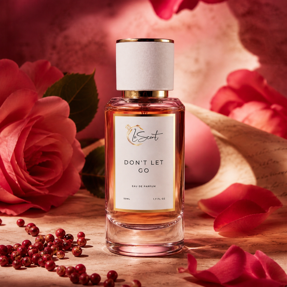 A bottle of 'Don't Let Go' perfume by the brand 'LeScent' is displayed on a wooden surface surrounded by red rose petals, fresh roses, and pomegranate seeds.