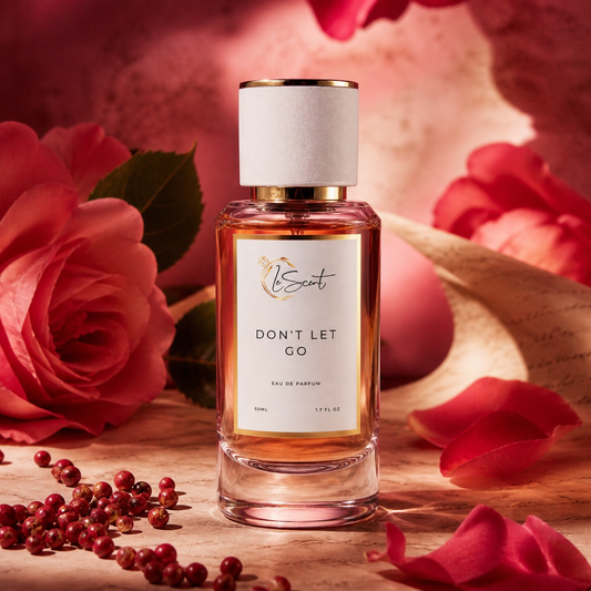 A bottle of 'Don't Let Go' perfume by the brand 'LeScent' is displayed on a wooden surface surrounded by red rose petals, fresh roses, and pomegranate seeds.