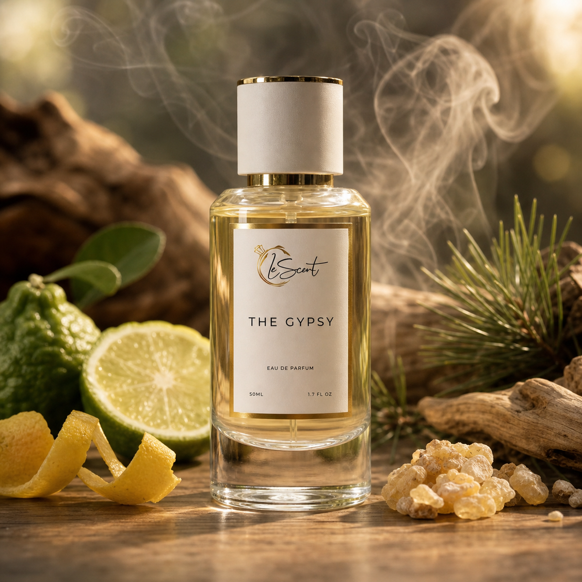 A bottle of 'The Gypsy' Eau de Parfum by the brand 'LeScent' is displayed on a rustic wooden surface, surrounded by natural ingredients including a halved lime, a lemon peel, resin, and pine needles, with a smoky effect rising from the bottle.