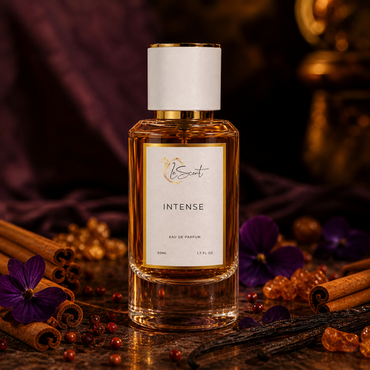 A bottle of Intense Eau de Parfum by the brand LeScent, styled with cinnamon sticks, purple flowers, and amber crystals on a dark wooden surface with a draped purple fabric background.