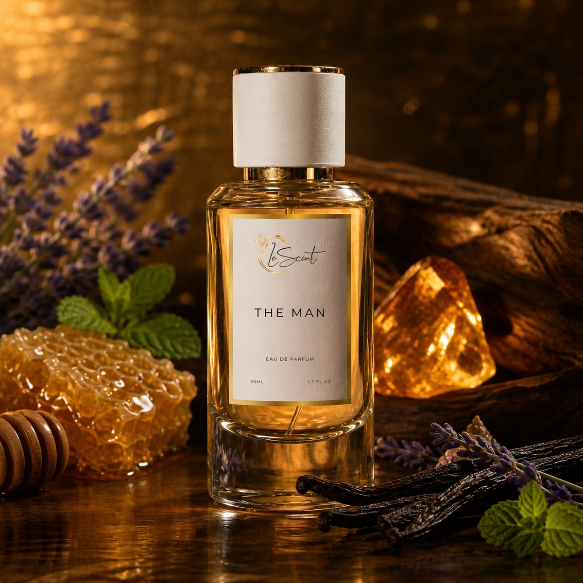 A bottle of 'The Man' Eau de Parfum by LeScent, styled with honeycomb, vanilla beans, mint leaves, and lavender on a dark wooden surface with a warm golden background.