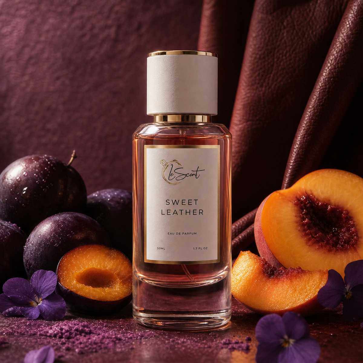 A bottle of Sweet Leather Eau de Parfum by the brand LeScent, styled with fresh apricots, whole plums, and purple flowers against a dark purple leather background.