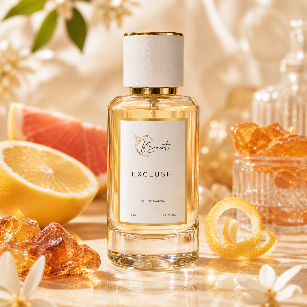 A bottle of LeScent Exclusif Eau de Parfum stands centered on a reflective surface, surrounded by citrus slices, amber crystals, and white flowers in a warm, golden studio setting.
