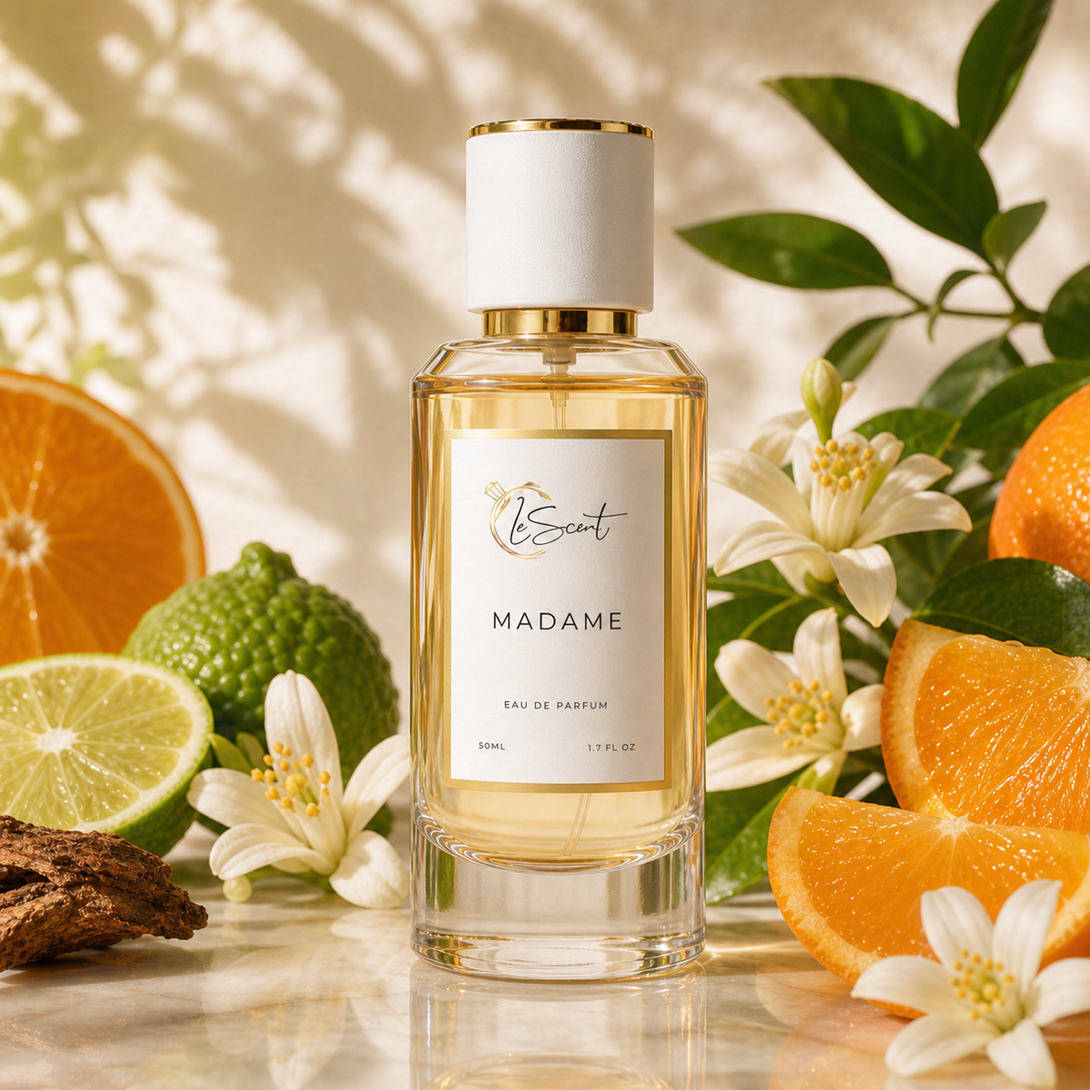 A bottle of LeScent Madame Eau de Parfum centered on a reflective surface, surrounded by citrus slices, limes, white flowers, and green leaves in warm sunlight. The bottle has a white cap with a gold band and a white label reading 'Escent MADAME'.