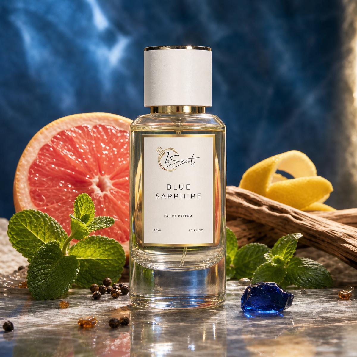 A bottle of LeScent Blue Sapphire Eau de Parfum displayed on a reflective marble surface with a sliced grapefruit, mint leaves, lemon zest, and a blue gemstone against a smoky blue background.