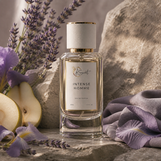 A clear glass perfume bottle labeled 'Intense Homme' by the brand 'LeScent', styled with lavender, purple flowers, sliced pears, and draped fabric on a stone surface.
