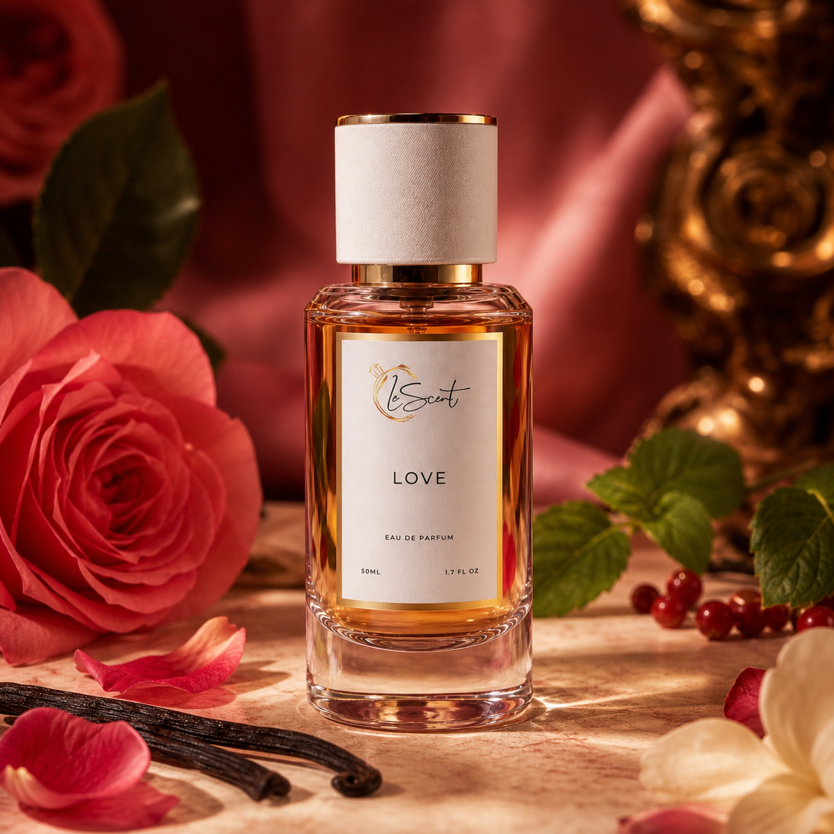 A bottle of Love Eau de Parfum by the scent brand 'LeScent' is beautifully styled on a wooden surface with a pink satin background, surrounded by a red rose, mint leaves, vanilla beans, and red berries.