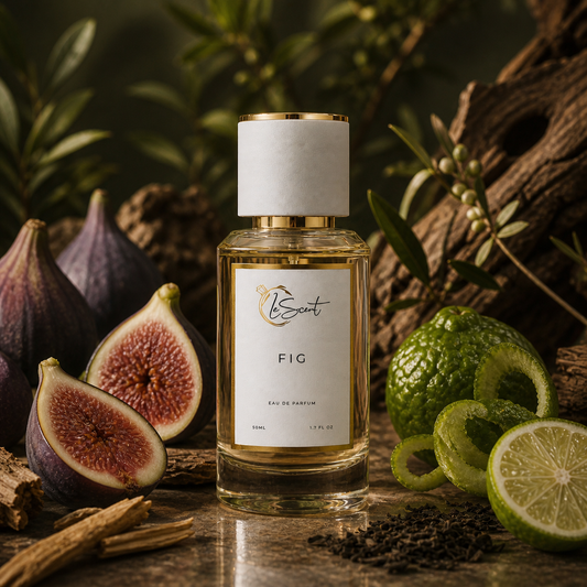 A bottle of Fig Eau de Parfum by LeScent, styled with fresh figs, limes, cinnamon sticks, and wood on a dark rustic surface.