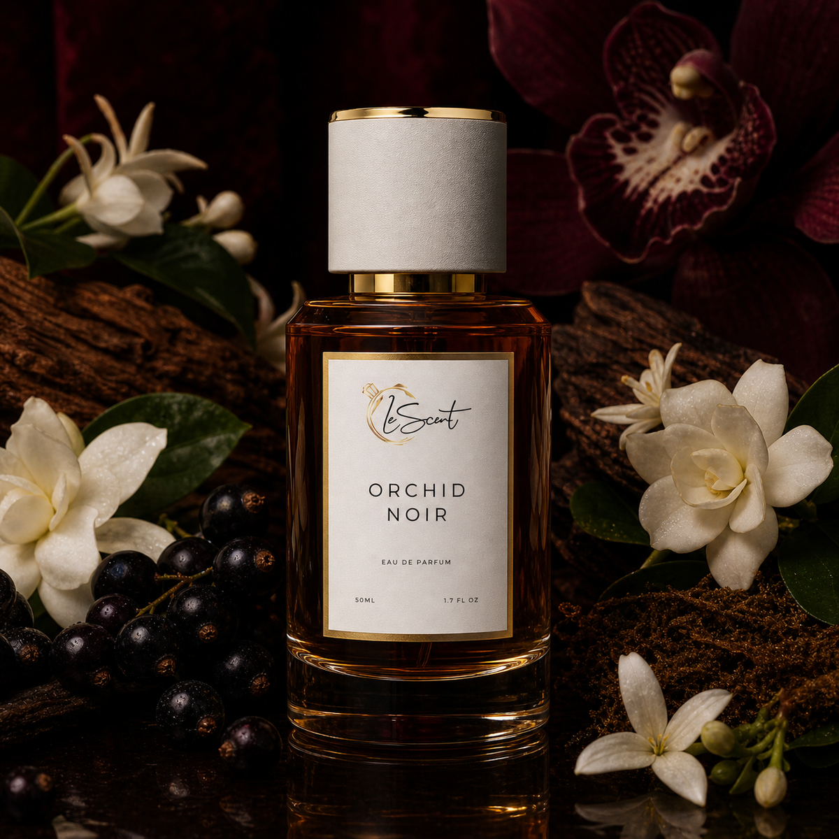A bottle of Scent Orchid Noir Eau de Parfum centered on a dark reflective surface, surrounded by white orchid flowers, dark berries, green leaves, and rich brown wood. The bottle has amber liquid, a white label with gold trim, and a white cap with a gold band.