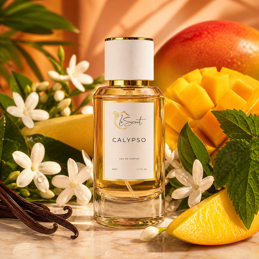 A bottle of LeScent CALYPSO Eau de Parfum centered on a marble surface, surrounded by fresh mango slices, mint leaves, white flowers, vanilla beans, and a warm orange background.