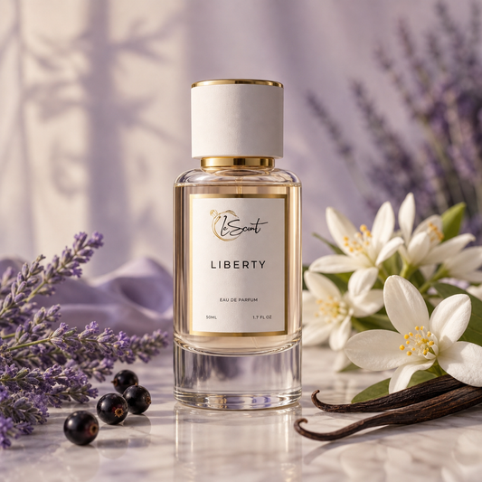 A bottle of Scents of LeScent 'Liberty' Eau de Parfum is displayed on a marble surface surrounded by lavender sprigs, white flowers, vanilla beans, and dark berries. The background features soft lavender shadows.