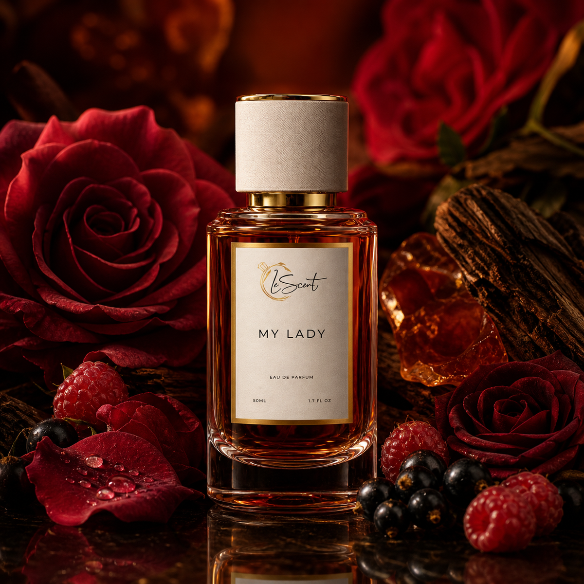 A bottle of LeScent MY LADY Eau de Parfum centered in a richly styled arrangement with red roses, raspberries, blackcurrants, and amber liquid, on a dark reflective surface.