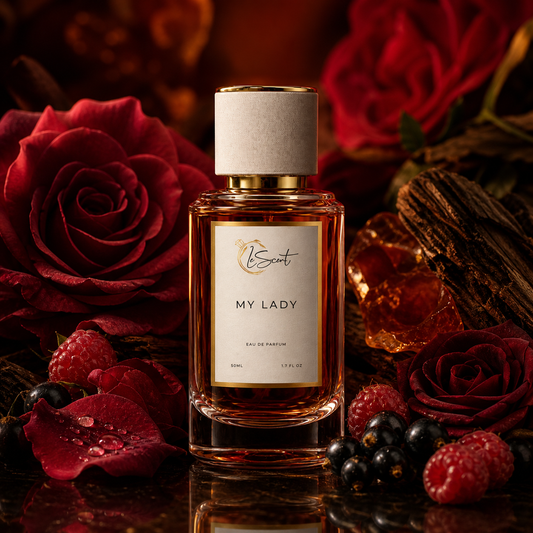 A bottle of LeScent MY LADY Eau de Parfum centered in a richly styled arrangement with red roses, raspberries, blackcurrants, and amber liquid, on a dark reflective surface.