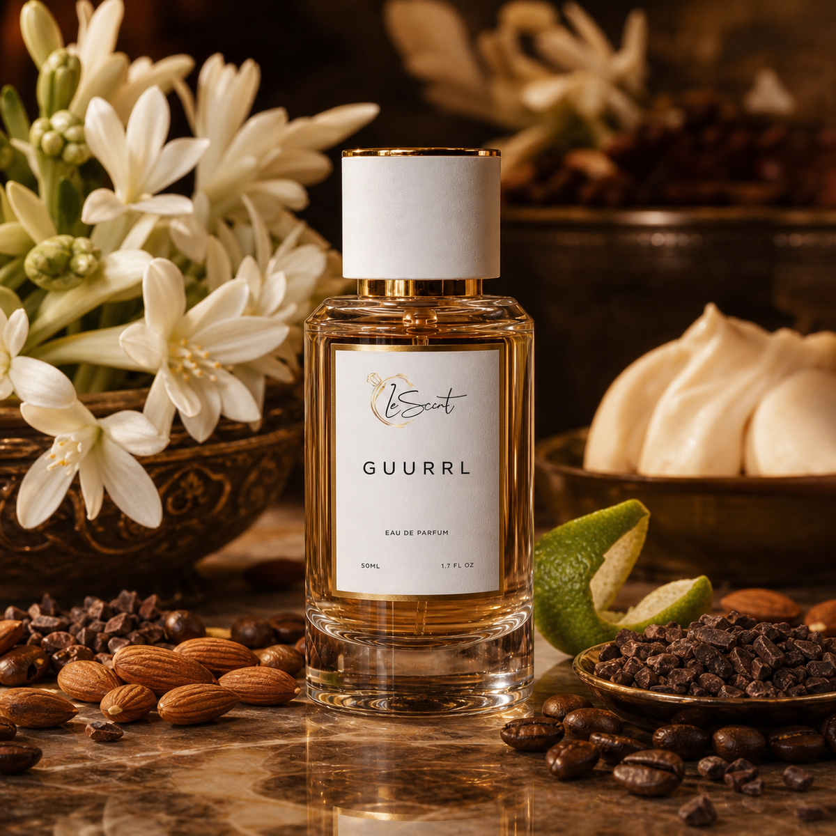 A bottle of Guurrl Eau de Parfum by LeScent, filled with amber liquid and featuring a white label with gold accents, styled on a marble surface with almonds, coffee beans, chocolate, and white flowers in the background.
