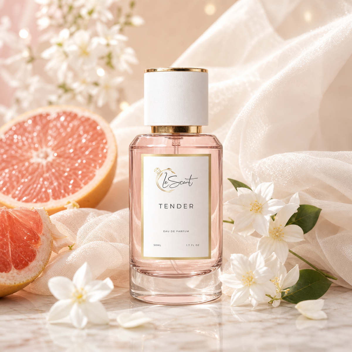 A bottle of LeScent 'Tender' Eau de Parfum placed on a marble surface, surrounded by white jasmine flowers, a sliced pink grapefruit, and draped white fabric. The perfume liquid inside the clear glass bottle is a soft rose pink, with a white cap and a cream-colored label.