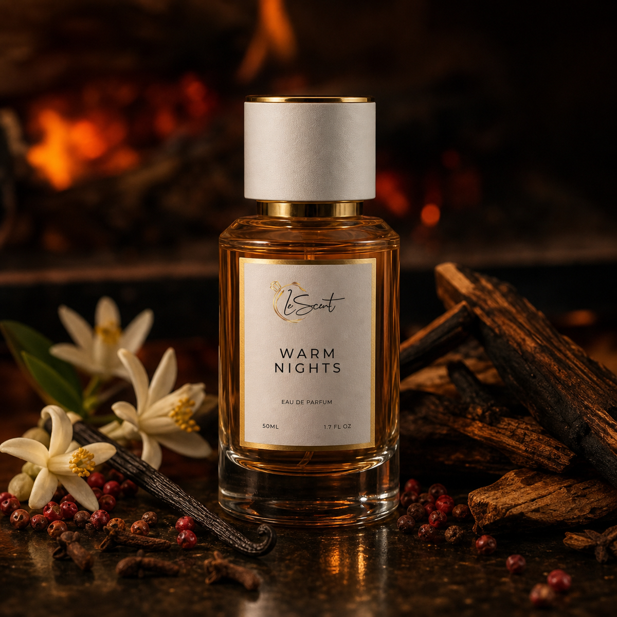 LeScent Warm Nights Eau de Parfum 50ml bottle surrounded by smoky woods, vanilla pods, white blossoms and pink peppercorns against a glowing fireplace backdrop.