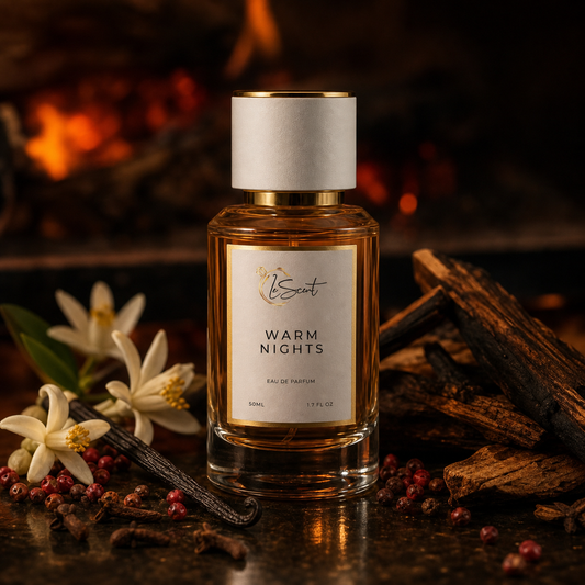 LeScent Warm Nights Eau de Parfum 50ml bottle surrounded by smoky woods, vanilla pods, white blossoms and pink peppercorns against a glowing fireplace backdrop.