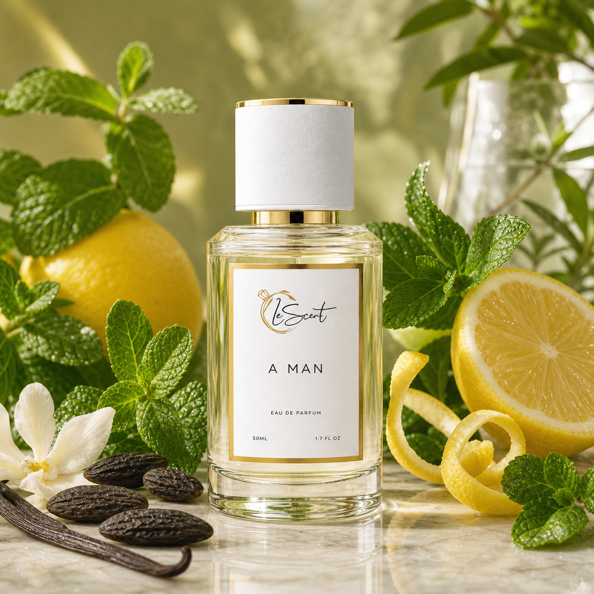 A clear glass perfume bottle labeled 'A MAN' by the brand 'LeScent' is styled with fresh lemon slices, mint leaves, vanilla beans, and a white flower on a light marble surface against a soft green background.