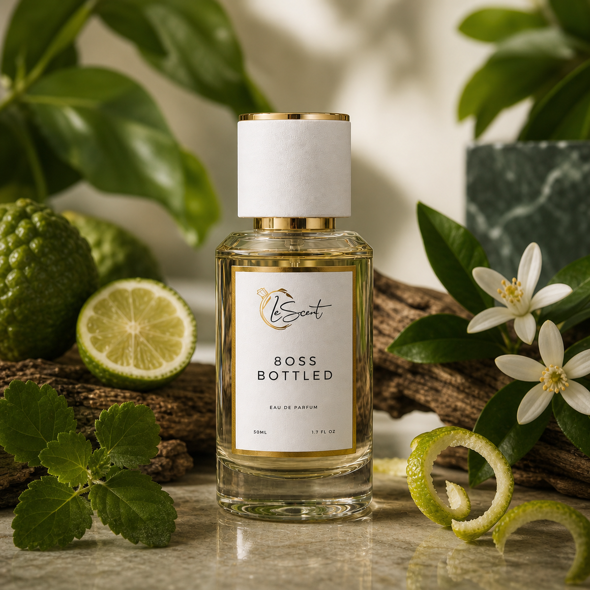 A bottle of 805 Bottled Eau de Parfum by the brand LeScent, styled with citrus fruits, green leaves, and white flowers on a stone surface.