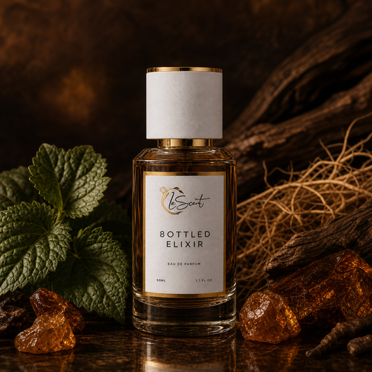 A bottle of 'Bottled Elixir' Eau de Parfum by LeScent, styled with green leaves, amber crystals, and dried roots on a dark wooden surface.