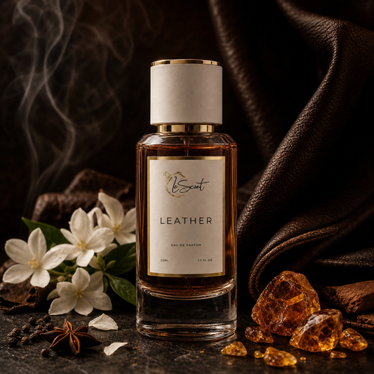 A bottle of Lescent's Leather Eau de Parfum stands on a dark surface, surrounded by white flowers, amber crystals, star anise, and draped brown leather, with smoke in the background.