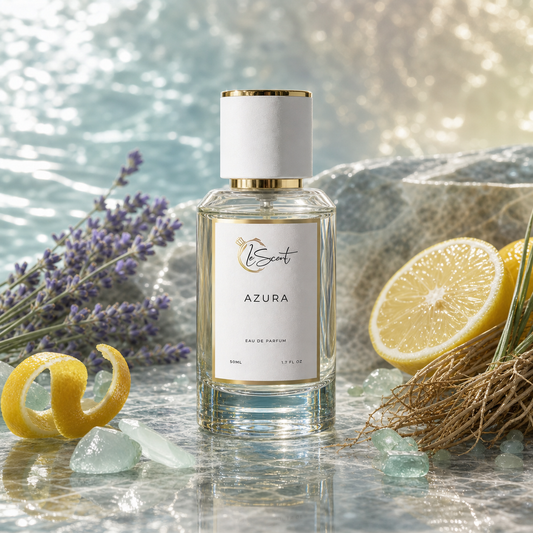 A clear glass perfume bottle labeled 'LeScent AZURA' stands centered on a reflective stone surface, surrounded by lemon slices, lavender sprigs, dried grass, and ice crystals against a soft blue and white textured background.