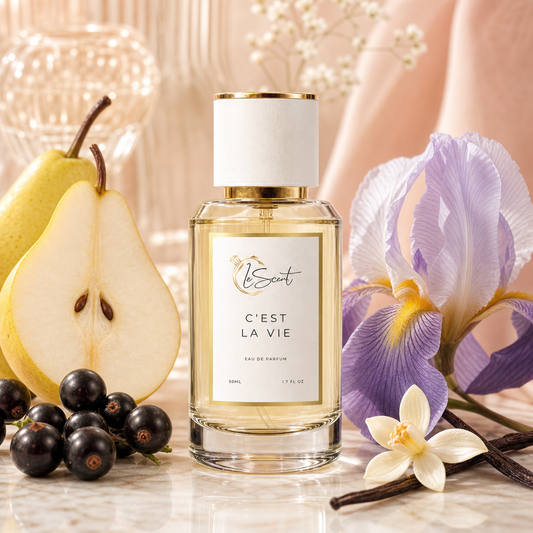 A clear glass perfume bottle with a white cap and gold trim, labeled 'C'EST LA VIE' by the brand 'LeScent', styled on a marble surface with a sliced pear, blackberries, a purple iris flower, and vanilla beans.