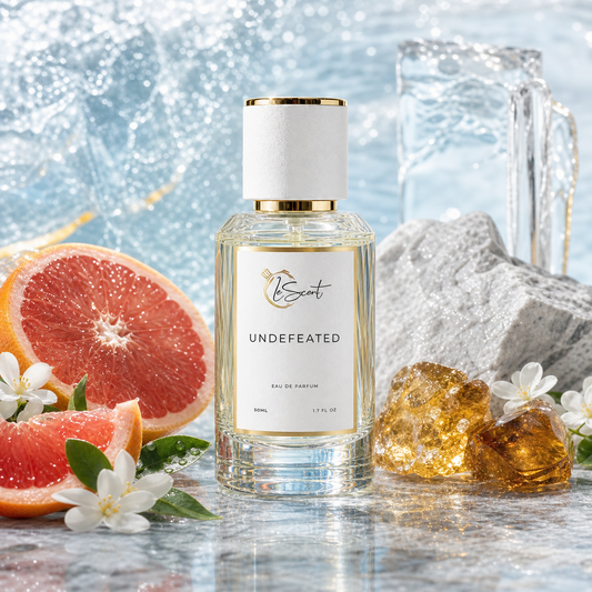 A bottle of Undefeated Eau de Parfum by LeScent, styled with grapefruit slices, white flowers, ice, and amber stones on a reflective surface.