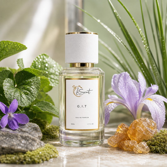 LeScent G.I.T Eau de Parfum 50ml bottle surrounded by fresh green leaves, violet, iris, dewy grasses and amber resin in a crisp botanical setting.