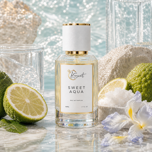A bottle of LeScent Sweet Aqua Eau de Parfum stands on a reflective surface surrounded by limes, ice, and white flowers against a tropical water backdrop.