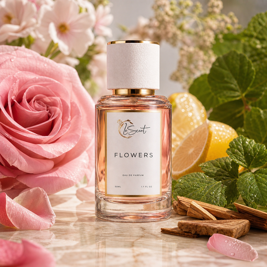A bottle of LeScent Flowers Eau de Parfum centered on a marble surface, surrounded by a pink rose, lemon slices, mint leaves, and cinnamon sticks. The bottle has a white cap with a gold band and a white label with gold lettering.
