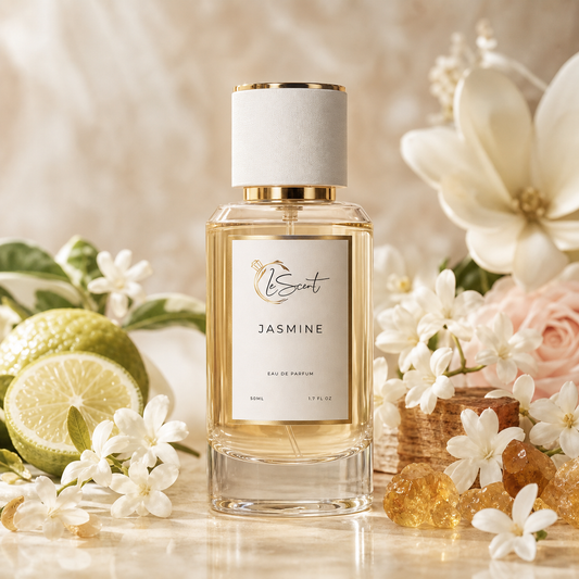 A bottle of Jasmine Eau de Parfum by LeScent, surrounded by fresh jasmine flowers, a lime, and amber crystals on a reflective marble surface.