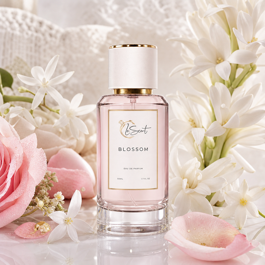 A bottle of LeScent Blossom Eau de Parfum centered in a styled floral arrangement with pink roses, white flowers, and soft petals on a light background.