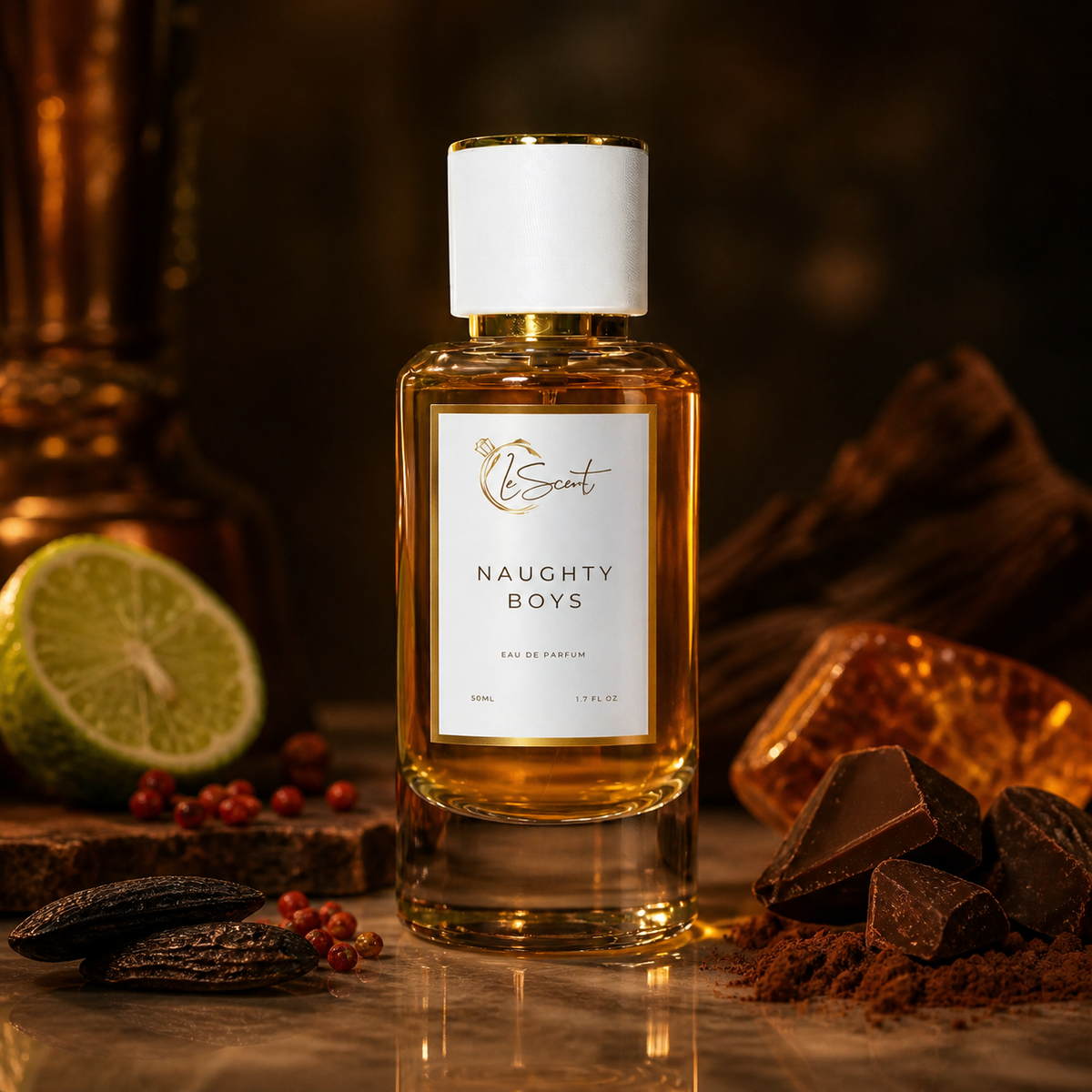 A bottle of LeScent 'Naughty Boys' eau de parfum, filled with amber liquid, set on a reflective surface surrounded by chocolate pieces, cocoa powder, a lime half, and amber stones against a dark, warm background.