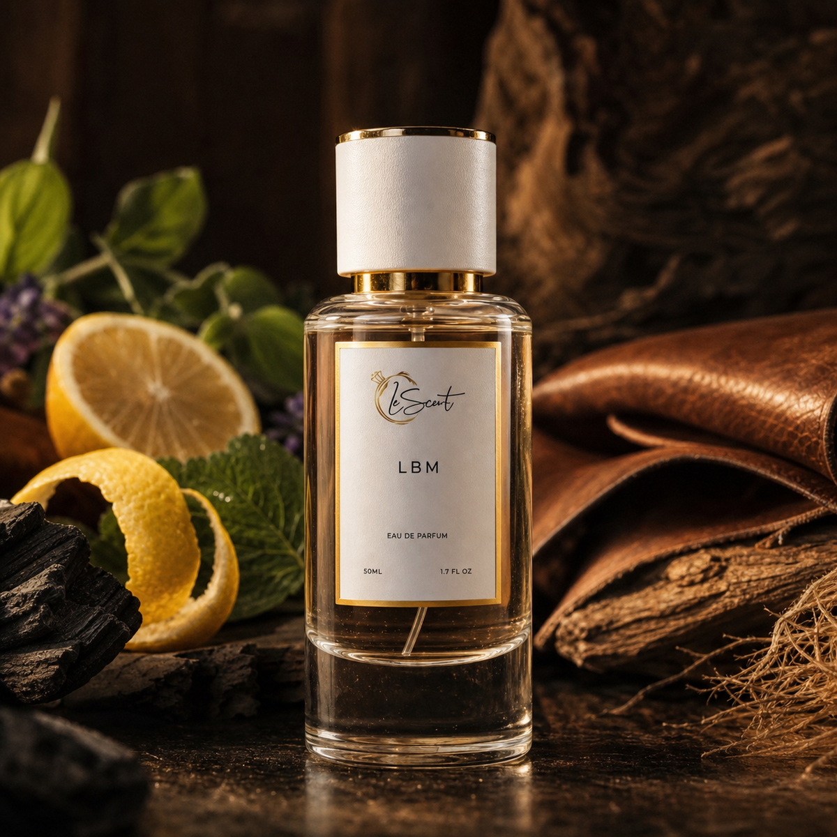 A clear glass perfume bottle with a white cap and gold trim, labeled LBM, styled on a dark wooden surface with leather, citrus slices, green leaves, and dried botanicals in the background.