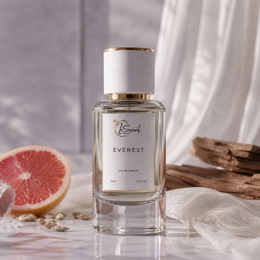 A clear glass perfume bottle labeled 'LeScent Everest' with a white cap and gold trim, styled on a marble surface with a sliced grapefruit, seeds, wood bark, and white fabric in the background.