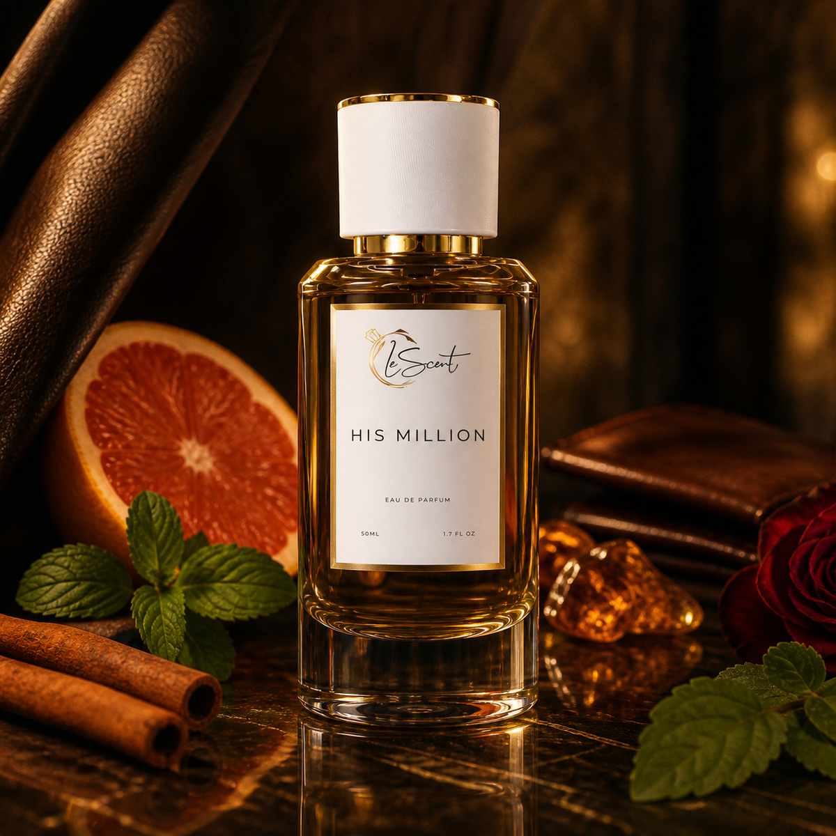 A bottle of fragrance labeled 'His Million' by the brand LeScent, styled on a dark reflective surface with cinnamon sticks, mint leaves, a sliced orange, a red rose, and brown leather accessories in a warm, moody setting.