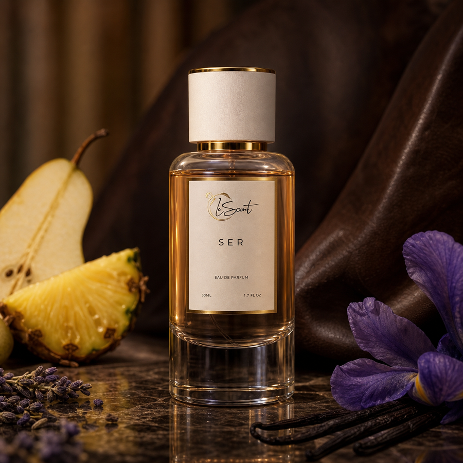 A bottle of Ser No. 10 Eau de Parfum by LeScent, styled on a dark reflective surface with a pear, pineapple, purple flowers, lavender, and vanilla beans against a dark brown leather background.