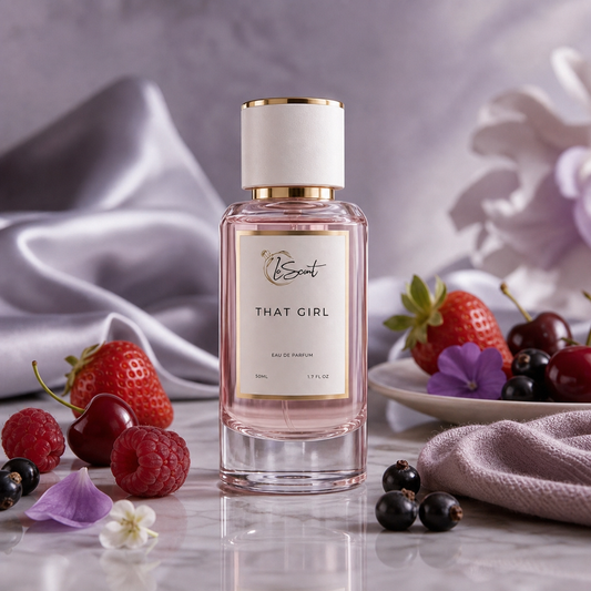 A bottle of That Girl Eau de Parfum by the brand LeScent, styled on a marble surface with strawberries, cherries, raspberries, and purple flowers against a soft lavender background.
