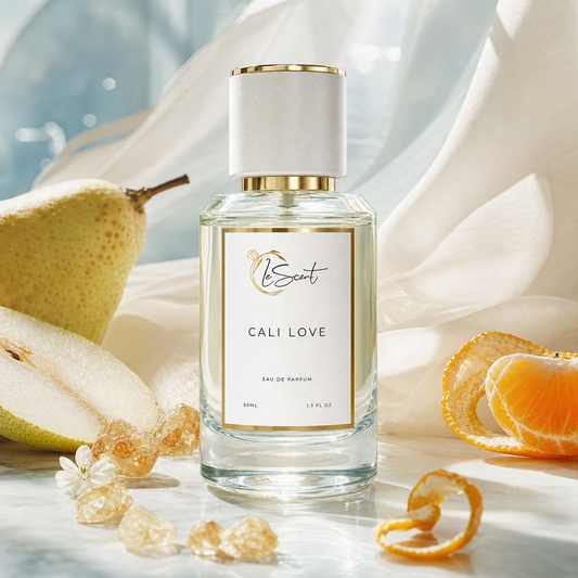 A bottle of LeScent Cali Love Eau de Parfum stands on a marble surface surrounded by a whole pear, sliced pear, orange slices, and clear crystals, with draped white fabric in the background.