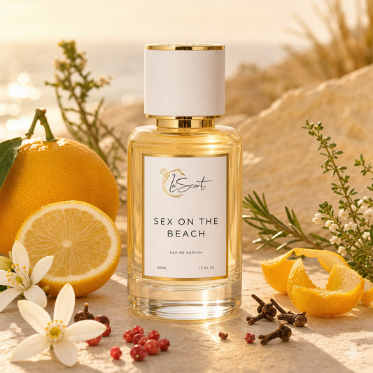 A bottle of LeScent 'Sex on the Beach' Eau de Parfum is styled on a sandy beach background with fresh oranges, cloves, and white flowers.