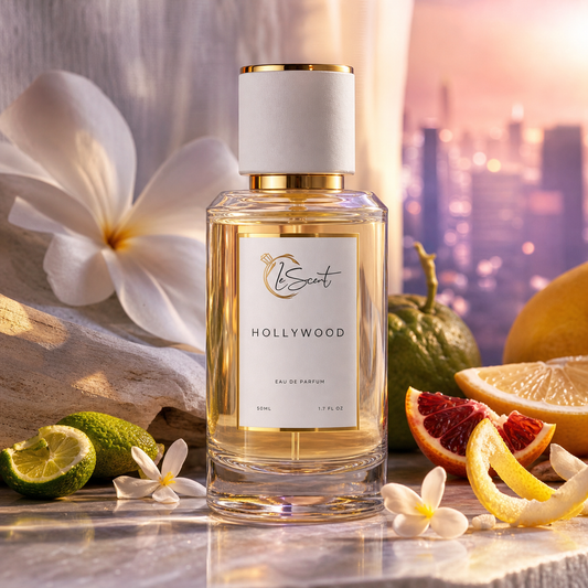 A clear glass perfume bottle with a white cap and gold trim, labeled 'LeScent HOLLYWOOD', styled on a marble surface with white flowers, limes, citrus slices, and a blurred city skyline in the background.