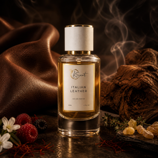 A bottle of LeScent Italian Leather Eau de Parfum stands centered on a dark surface, surrounded by rich brown leather, wood, raspberries, white flowers, and smoke. The perfume bottle is clear glass with amber liquid, a cream label, and a white cap with gold trim.