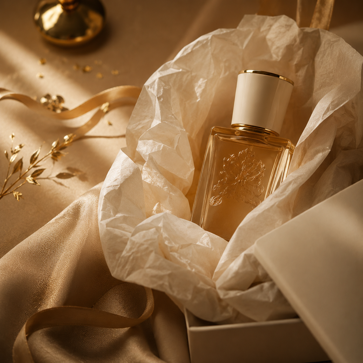 Perfume bottle in a decorative setting with gold ribbon and flowers on a beige background