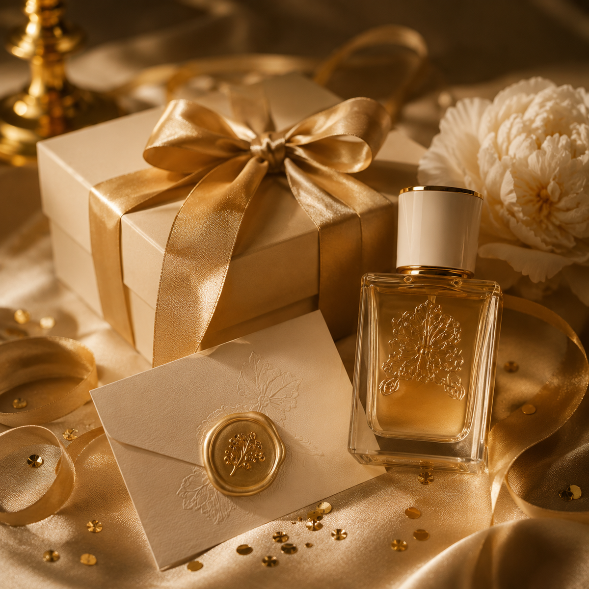Gift box with gold ribbon, perfume bottle, and envelope on a decorative surface.