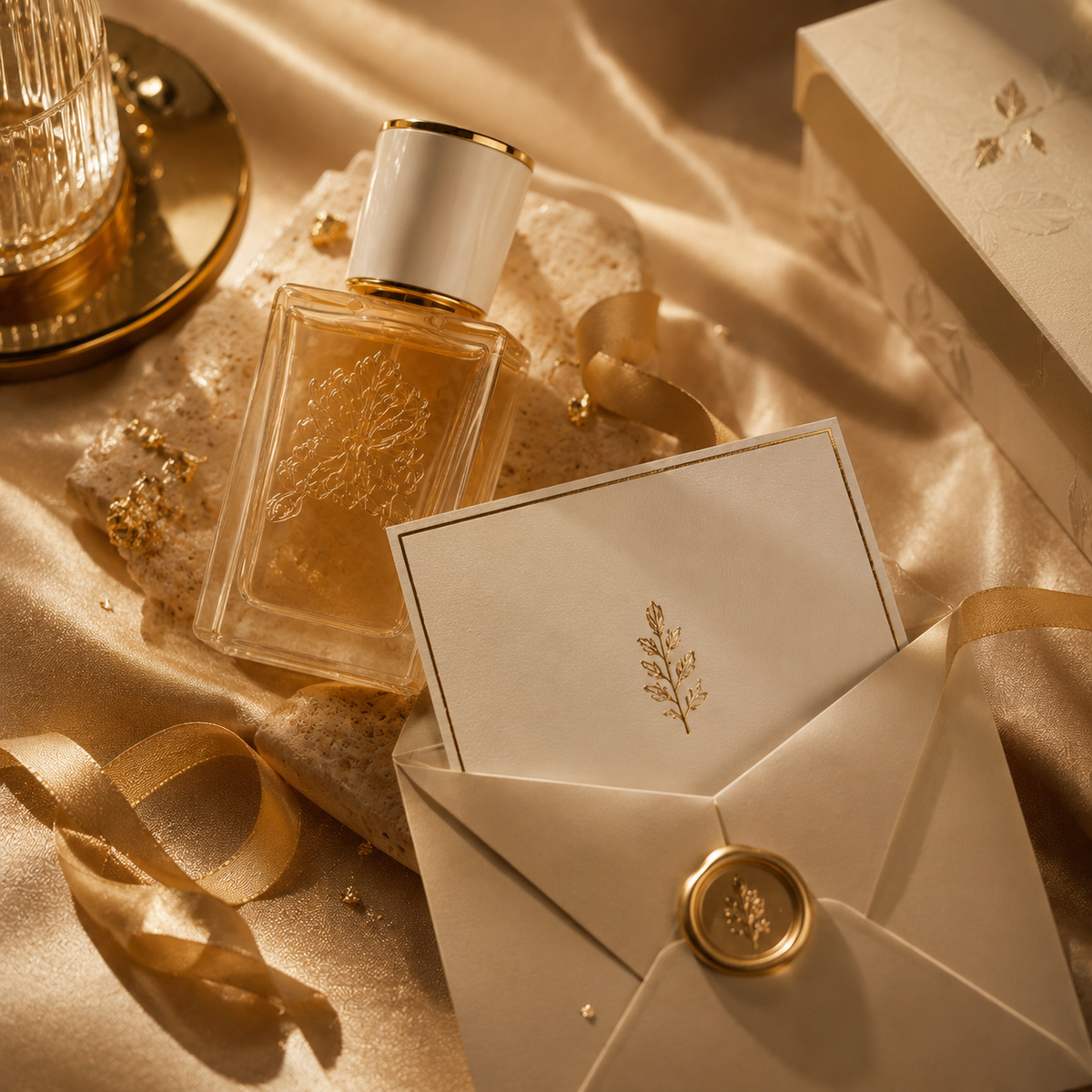 Perfume bottle with a card and envelope on a textured surface